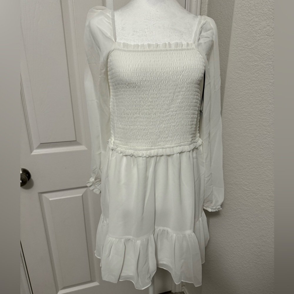 1.State Irory Smock Bodice Ruffle Hem Long Sleeve Mini Dress - Picture 2 of 10
